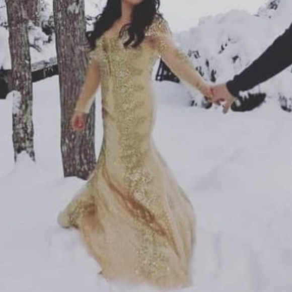 Gold Ball Gown Formal long sleeve dress - Picture 3 of 11